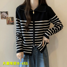 批发大码女装秋冬<b class='q'>条纹</b>长袖V领上衣女胖MM显瘦遮肚针织保暖外套开衫女