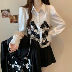 实拍大码女装衬衫吊带假两件短款小香风上衣2023秋新款衬衣女