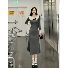 批发实拍 胖MM乖巧千金 娃娃领针织连衣裙女秋显瘦掐腰包臀鱼尾长裙