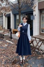 实拍现货2023秋季学院风胖mm大码女装连衣裙女假两件