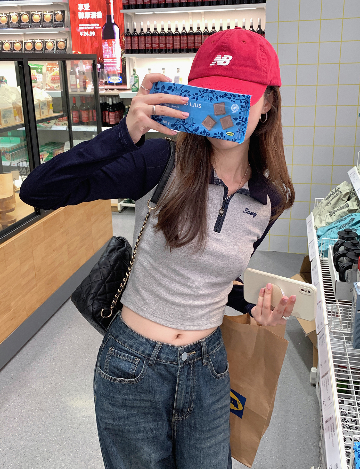 實拍  美式撞色polo領內搭長袖T恤打底衫