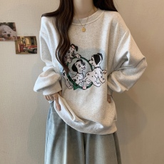 批发实拍大码美式复古印花圆领卫衣女秋冬新款加绒宽松慵懒上衣