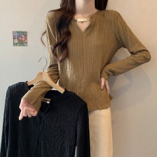 实拍大码女装2023秋装新款韩版宽松V领链条不规则弹力长袖上衣