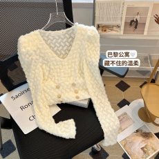 批发实拍秋装新款v领双排扣<b class='q'>泡泡袖</b>蕾丝衫修身短款长袖上衣女