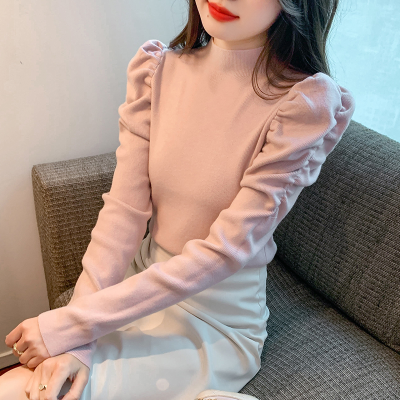 MY15098# 泡泡袖打底衫女新款时尚洋气半高领针织衫毛衣女女裝貨源服裝批發