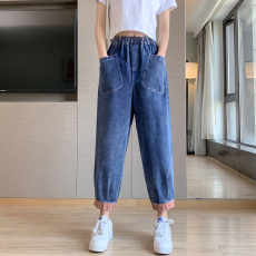 批发实拍复古休闲<b class='q'>牛仔</b>裤女松紧腰大码宽松显瘦文艺彩条拼接九分<b class='q'>哈伦</b>裤