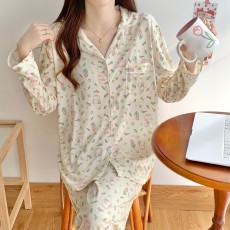 春秋季新款ins风睡衣女长袖长裤开衫翻领套装女可外穿家居服