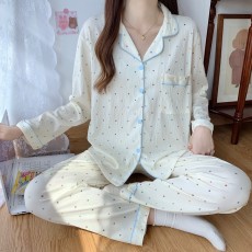 春秋季新款ins风睡衣女长袖长裤开衫翻领套装女可外穿家居服