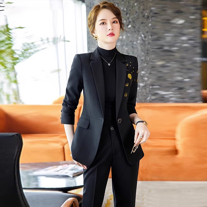 검정색 정장 세트 여성 봄 가을 품격 고급 센스 작업복 여성 비즈니스웨어 정장 재킷 긍정적 인 로드 중 가을 겨울