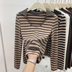 实拍 秋冬酷甜接街头时髦V领条纹Polo领内搭打底衫T恤