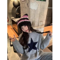 批发馨帮帮 五角星圆领套头针织衫女上衣灰色涂鸦宽松秋冬慵懒风毛衣
