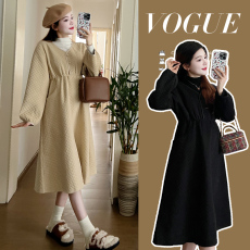 批发实拍2023秋冬宽松菱形格时尚网红孕妇宽松棉衣孕妇连衣裙