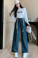 实拍毛边复古蓝加绒牛仔裤女2023冬季百搭时尚高腰显瘦阔腿长裤