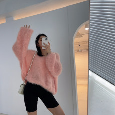 批发韩国复古慵懒风仿水貂绒针织衫日系一字领爆款秋<b class='q'>冬</b>设计感小众毛衣
