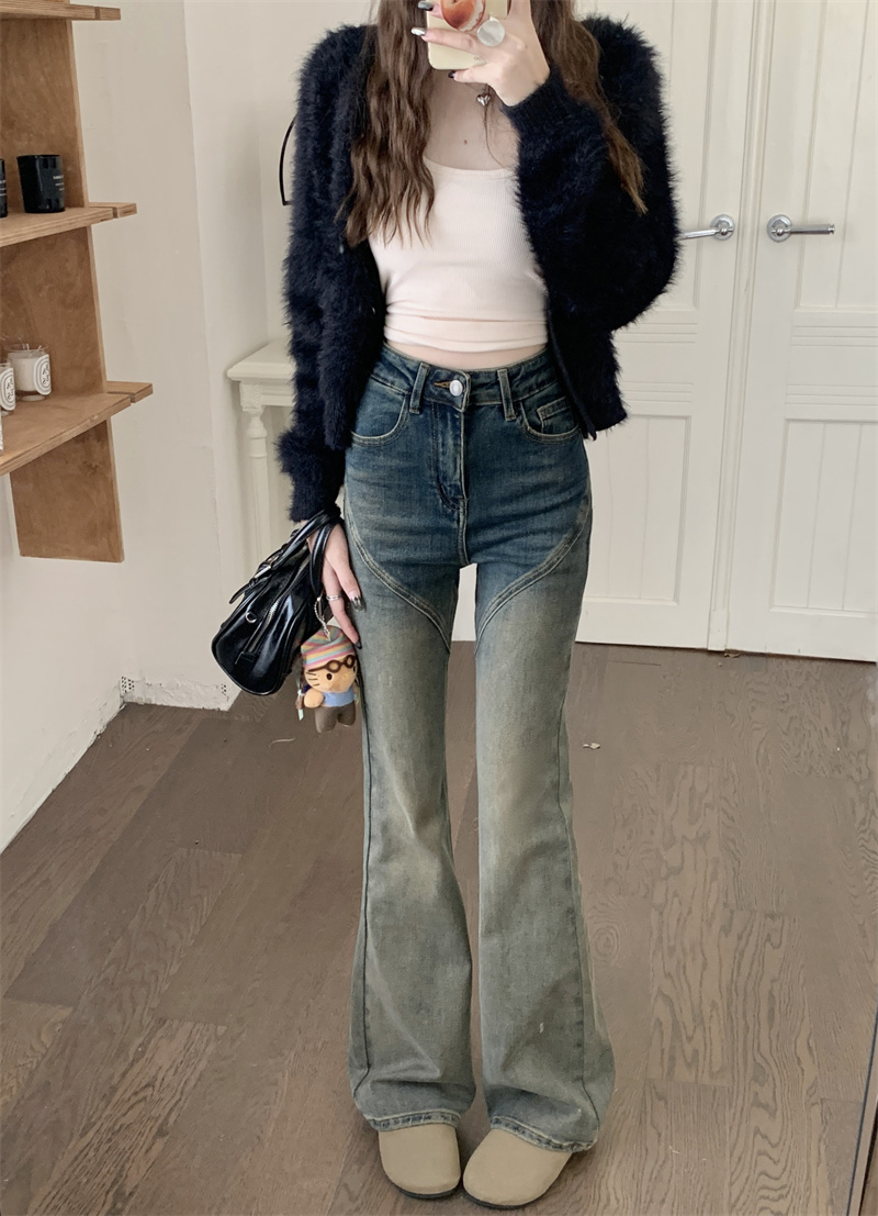 Actual shot of autumn new American style elastic high-waisted slimming gradient versatile slightly flared long jeans for women