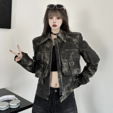 美式复古水洗皮做旧晕染外套扎染立体大口袋夹克机车服皮衣外套