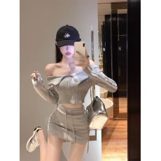 批发纯欲辣妹运动休闲套装女秋季新款洋气修身<b class='q'>长袖</b>上衣包臀短裙两件套