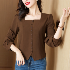 2026春款长袖衬衫大码女装洋气高端法式别致方领显瘦遮肚气质上衣