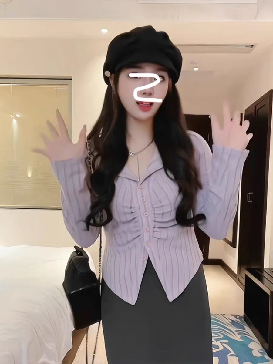 빅 사이즈 여성 의류 고유 한 디자인 센스 Chic 오픈 가디건 긴팔 맨위 가을 새로운 지방 mm 표지 배 숨기기 고기 티셔츠
