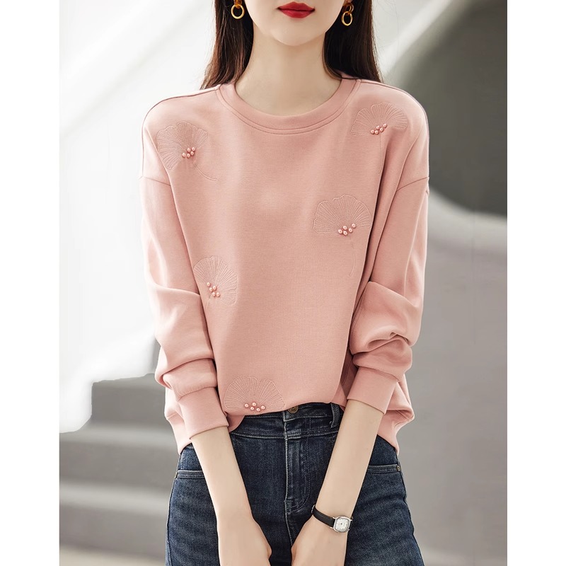 White round neck sweatshirt for women 2024 spring and autumn new style embroidered loose pullover hooded casual top long-sleeved jacket