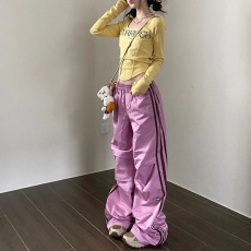 批发街头秋季甜酷风褶皱休闲裤条纹直筒长裤<b class='q'>男</b>女宽松<b class='q'>裤子</b>