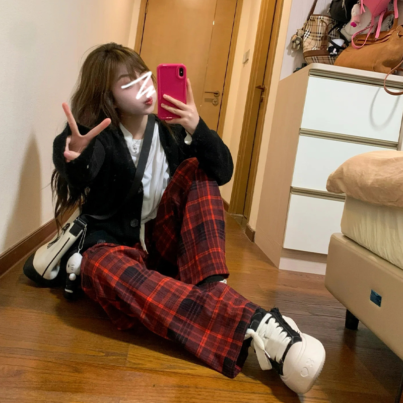 復古慵懶風高腰闊腿褲2023新款寬鬆直筒休閒衛褲紅色格子褲女秋季
