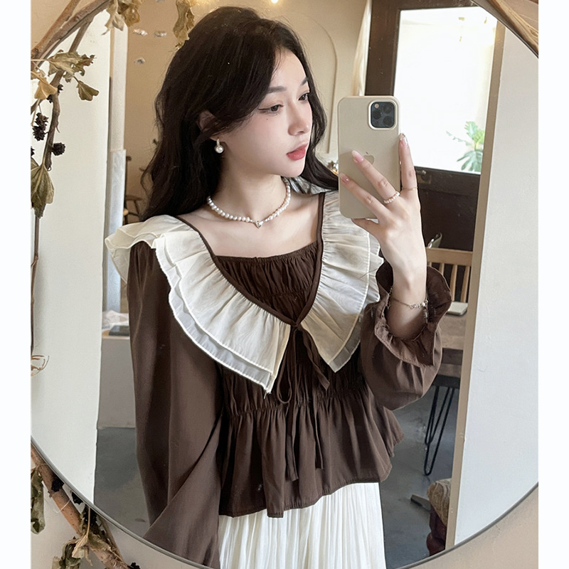 Shirt spring and autumn tops for women new ruffled slimming pleated design niche versatile chic stunning shirt