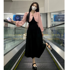 批发官图两件套 大码法式<b class='q'>连衣裙</b>女显瘦气质粉色上衣<b class='q'>外套</b>+绑带长裙套装