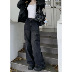 批发实拍实价 复古做旧牛仔裤高腰<b class='q'>工装</b>裤女垂感直筒裤长裤子