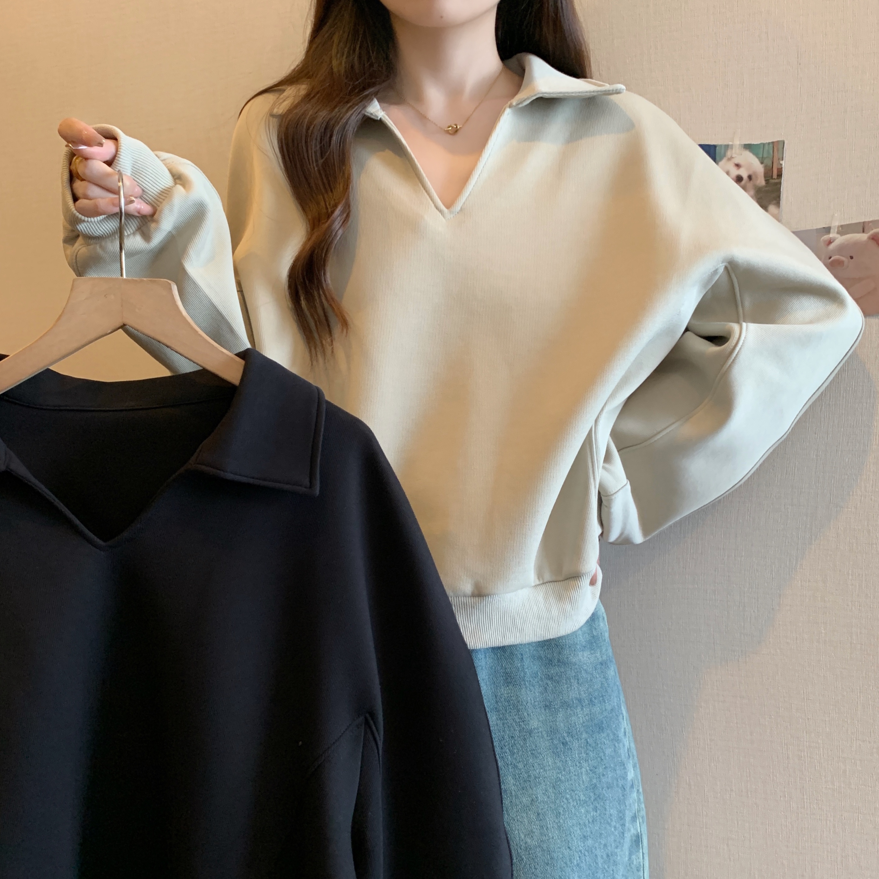 실사 지방 mm 빅 사이즈 가을 겨울 POLO 칼라 디자인 센스 작은 대중 V넥 후드티 루즈핏 슬림해 보이는 맨위
