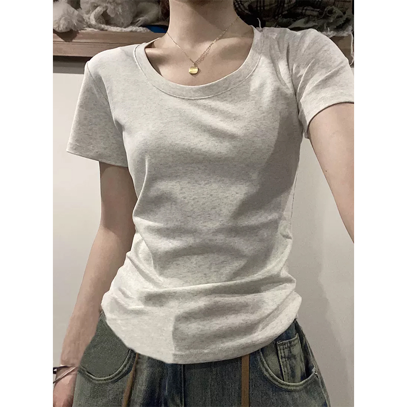 American short-sleeved right shoulder t-shirt for women summer 2024 new slim and slim hot girl short top with niche design
