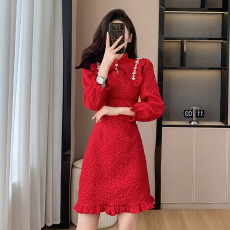 批发2025秋季新款红色复古新娘旗袍改良<b class='q'>敬酒</b>订婚提花平时可穿礼<b class='q'>服</b>裙子