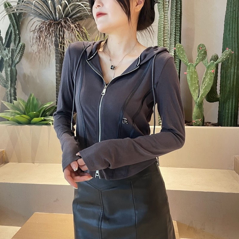 SJBY短款連帽上衣女2023秋季休閒長袖針織拉鏈帽衫打底開衫