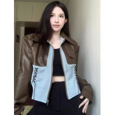 批发美拉德风复古甜酷辣妹pu皮衣外套女秋季新款拼接设计短款夹克上衣