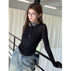 批发实拍2026春夏新款圆领抽绳设计收腰显瘦上衣T恤女修身<b class='q'>长袖</b><b class='q'>打底衫</b>