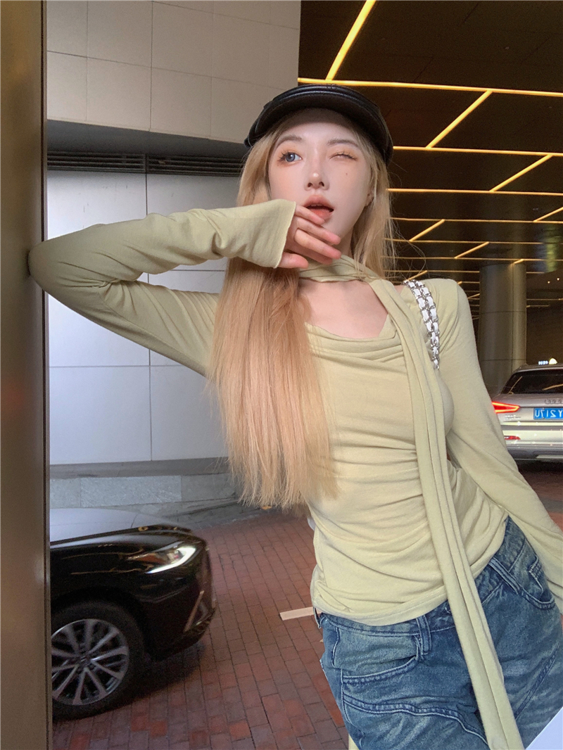 실사 정가 느슨함 서있는 자르다 흔들다 칼라 행침 목 니트 티셔츠