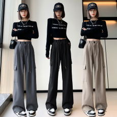 实拍2023秋款高腰显瘦垂感百搭设计感阔腿西装裤女直筒休闲工装裤