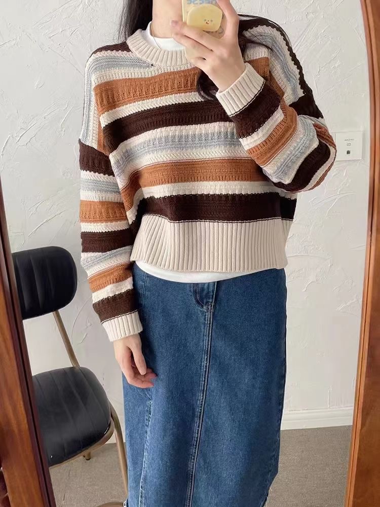 French style retro round neck contrast striped sweater Korean style loose pullover niche knitted top for women in autumn and winter