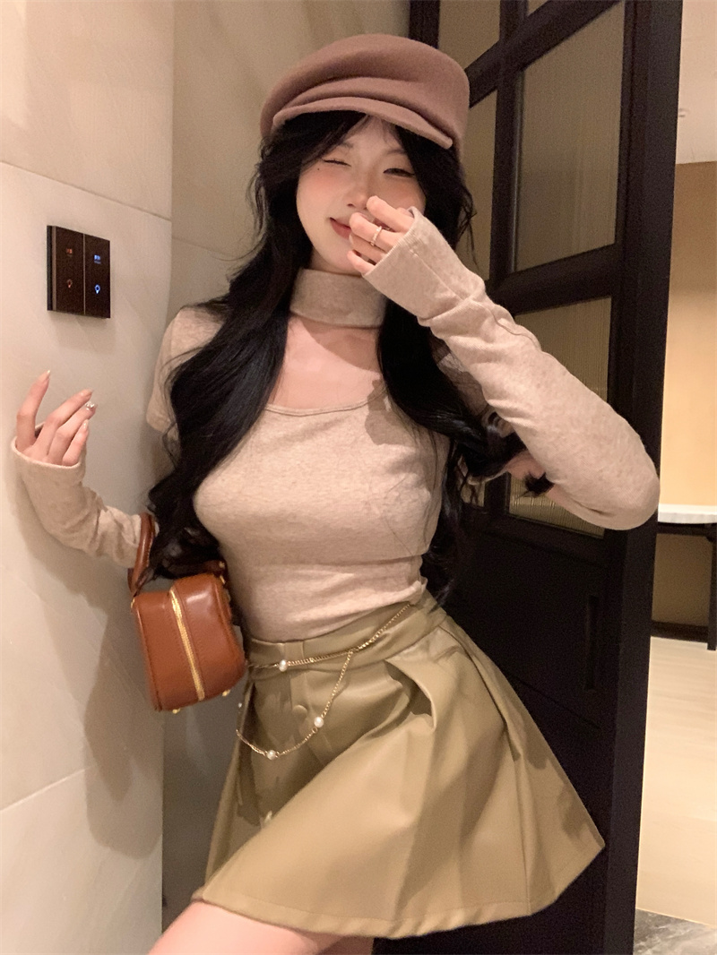 Real Shots Falling in Love in this Issue Pure Desire Hollow Knitted Sweater Autumn and Winter Removable Sleeve Top Hot Girl Leather Skirt