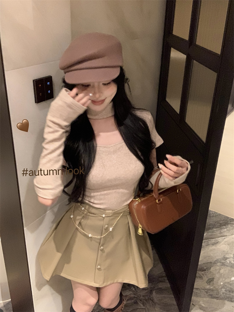 Real Shots Falling in Love in this Issue Pure Desire Hollow Knitted Sweater Autumn and Winter Removable Sleeve Top Hot Girl Leather Skirt