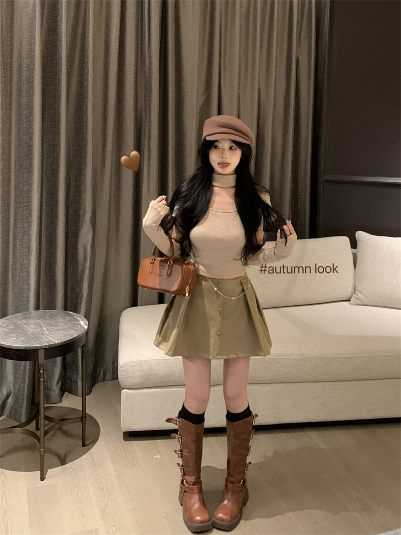 Real Shots Falling in Love in this Issue Pure Desire Hollow Knitted Sweater Autumn and Winter Removable Sleeve Top Hot Girl Leather Skirt