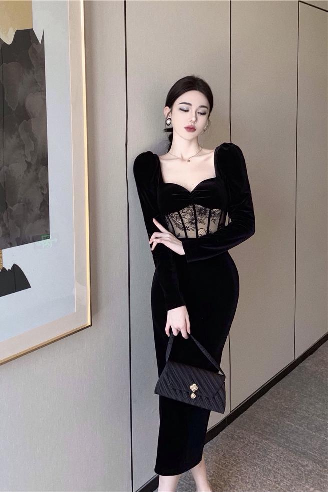 ~Robe en velours pour femme, tempérament sexy, automne et hiver, manches longues, petite robe noire à col carré Hepburn_voghion.com