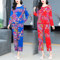 批发实拍新款棉绸中国红宽松显瘦长袖上衣+长裤两件套女