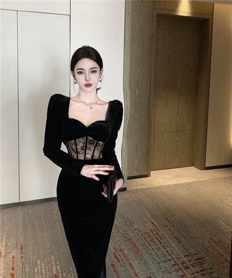 ~Robe en velours pour femme, tempérament sexy, automne et hiver, manches longues, petite robe noire à col carré Hepburn_voghion.com