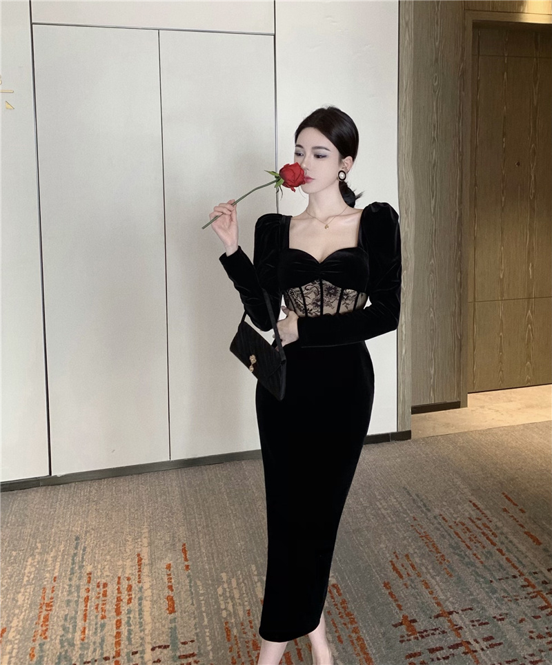 ~Robe en velours pour femme, tempérament sexy, automne et hiver, manches longues, petite robe noire à col carré Hepburn_voghion.com