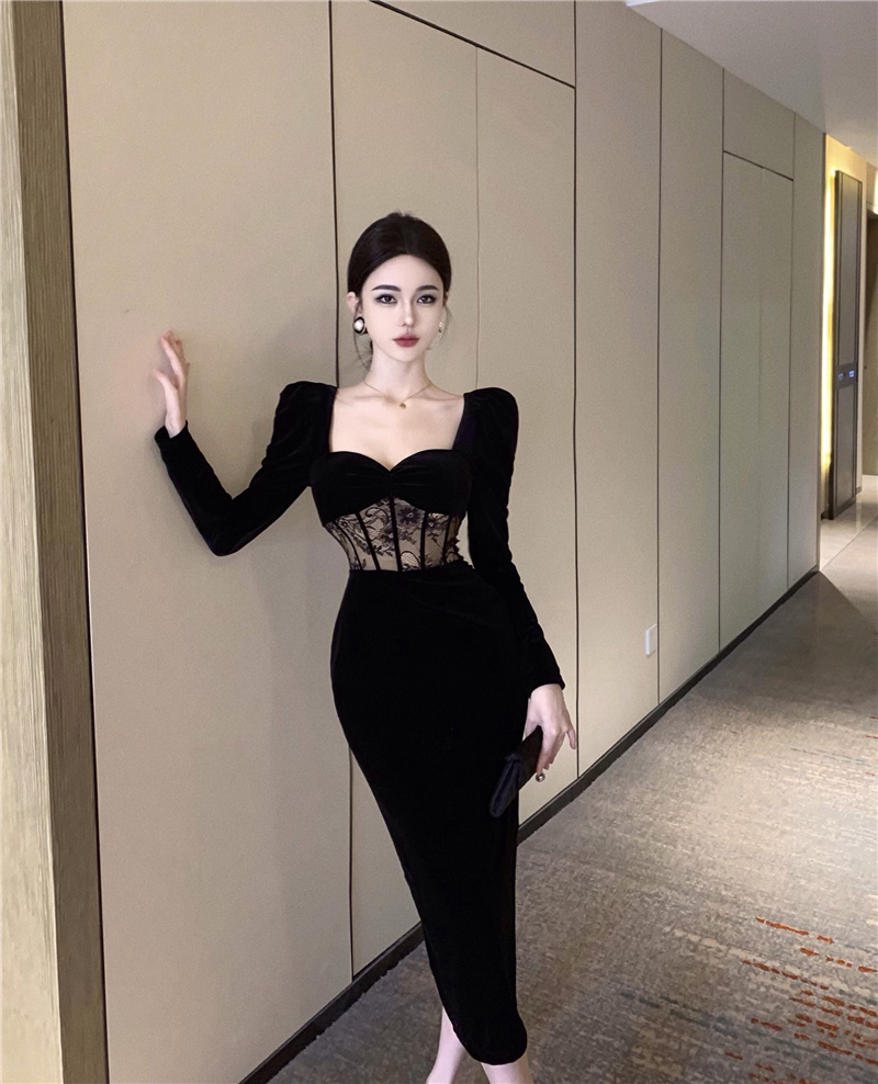 ~Robe en velours pour femme, tempérament sexy, automne et hiver, manches longues, petite robe noire à col carré Hepburn_voghion.com