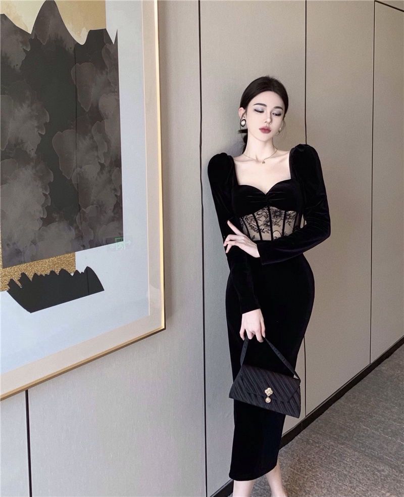 ~Robe en velours pour femme, tempérament sexy, automne et hiver, manches longues, petite robe noire à col carré Hepburn_voghion.com