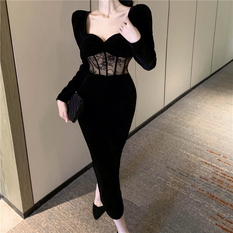 ~Robe en velours pour femme, tempérament sexy, automne et hiver, manches longues, petite robe noire à col carré Hepburn_voghion.com