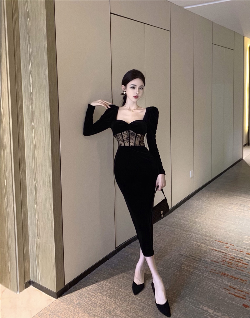 ~Robe en velours pour femme, tempérament sexy, automne et hiver, manches longues, petite robe noire à col carré Hepburn_voghion.com