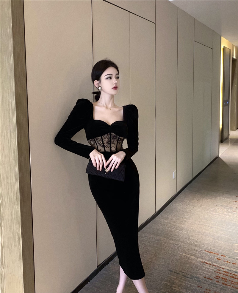 ~Robe en velours pour femme, tempérament sexy, automne et hiver, manches longues, petite robe noire à col carré Hepburn_voghion.com